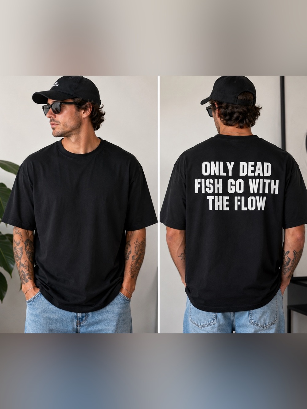 Chicyea Only Dead Fish Go With The Flow Graphic Tee Black 2XL